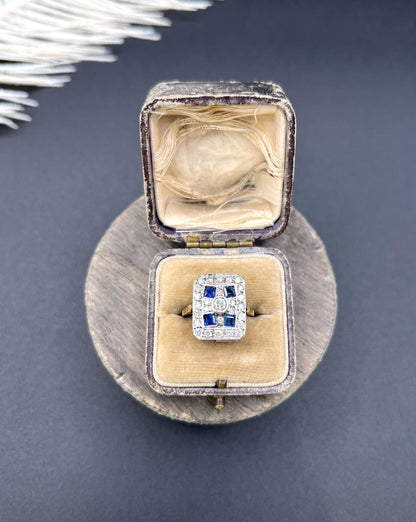 Antique Platinum, Edwardian Sapphire and Diamond Rectangular Shaped Ring