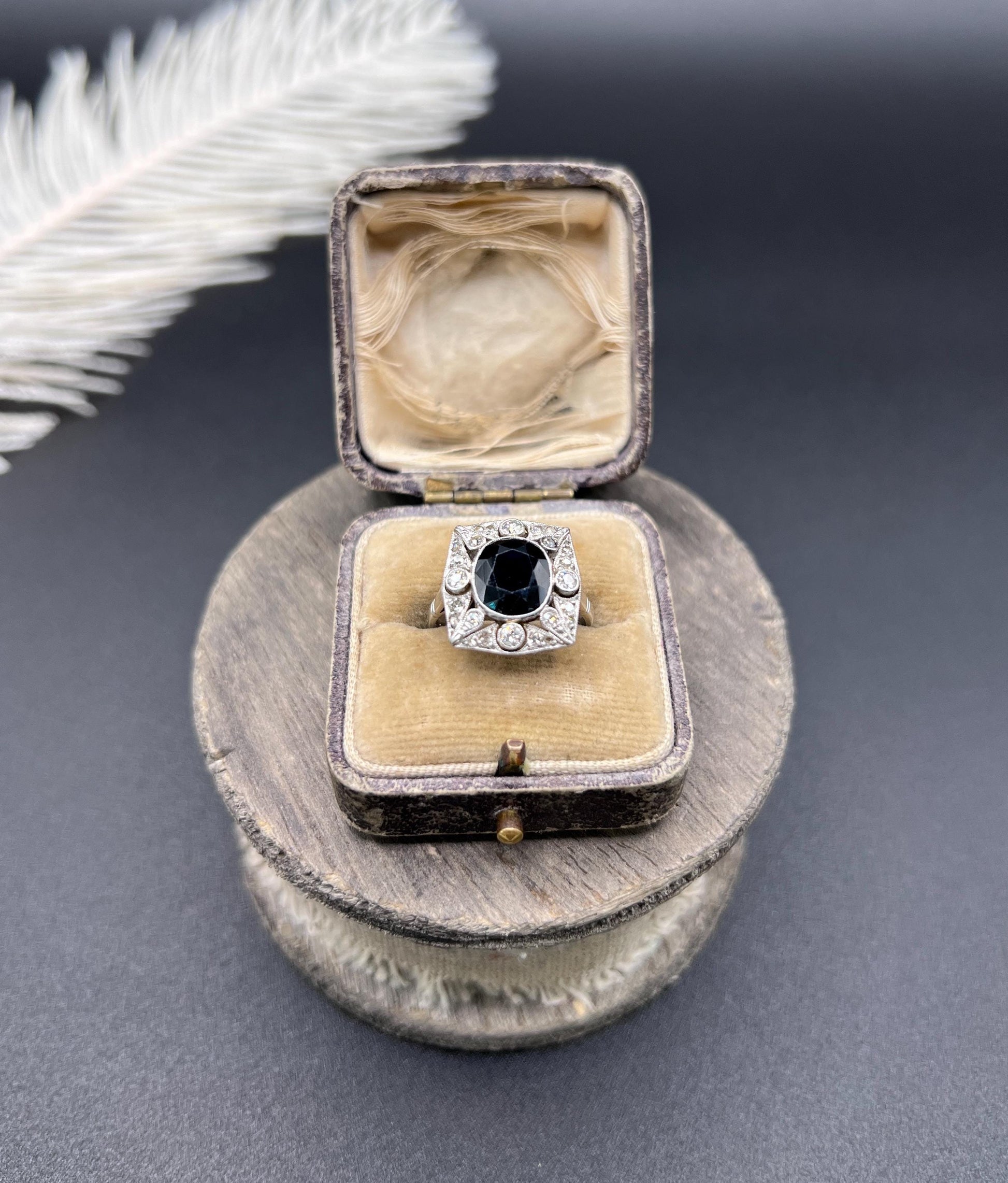 Antique Platinum, Edwardian Sapphire and Diamond Rectangular Shaped Cluster Ring