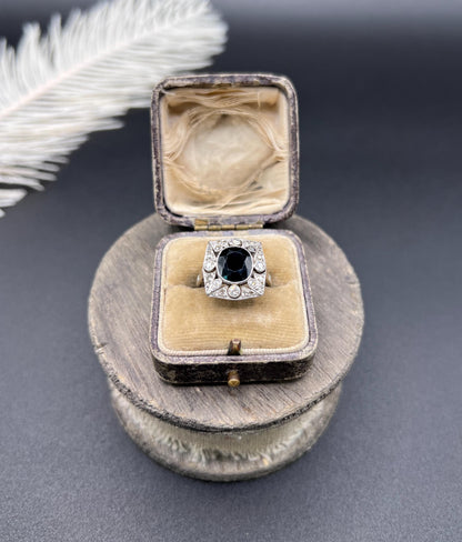 Antique Platinum, Edwardian Sapphire and Diamond Rectangular Shaped Cluster Ring