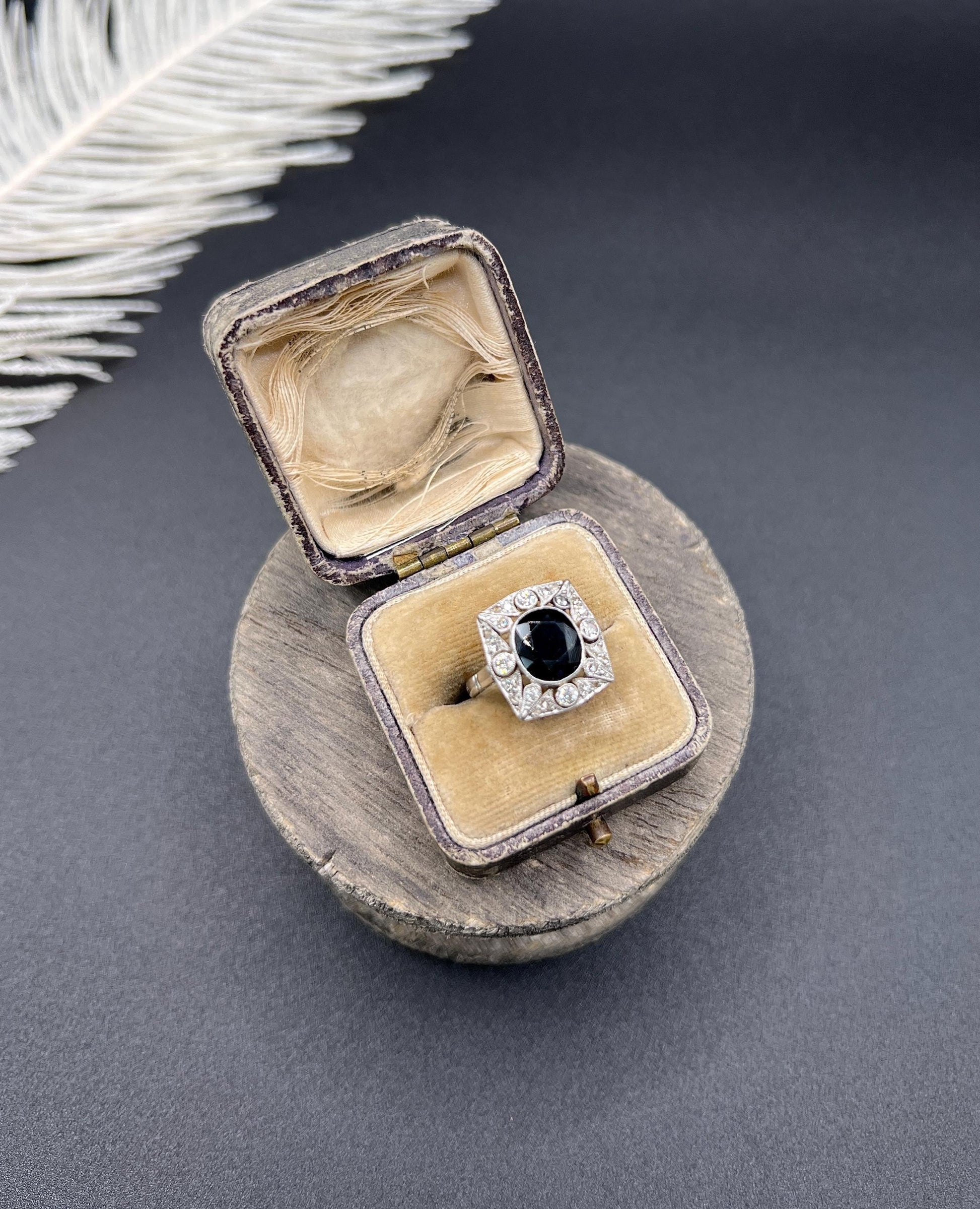 Antique Platinum, Edwardian Sapphire and Diamond Rectangular Shaped Cluster Ring