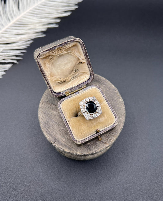 Antique Platinum, Edwardian Sapphire and Diamond Rectangular Shaped Cluster Ring
