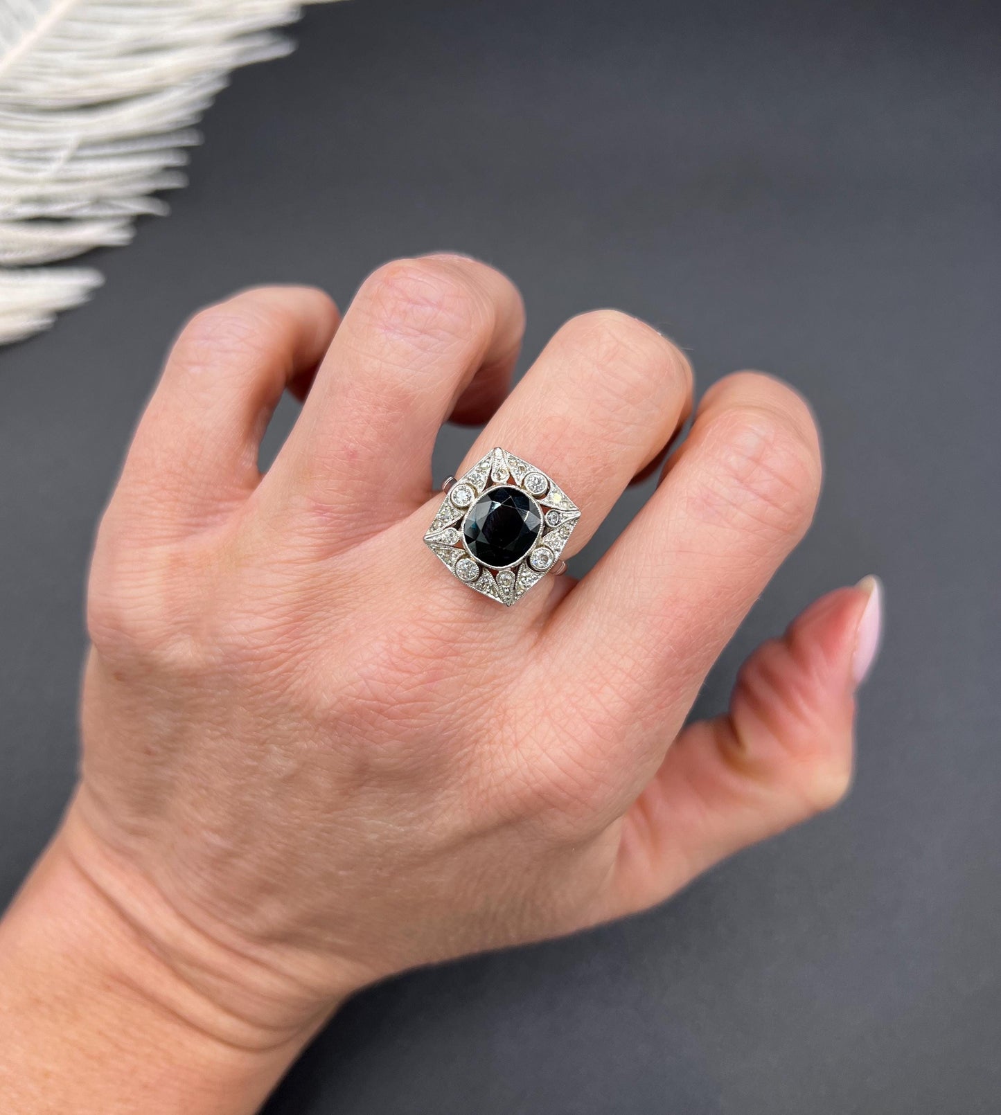 Antique Platinum, Edwardian Sapphire and Diamond Rectangular Shaped Cluster Ring