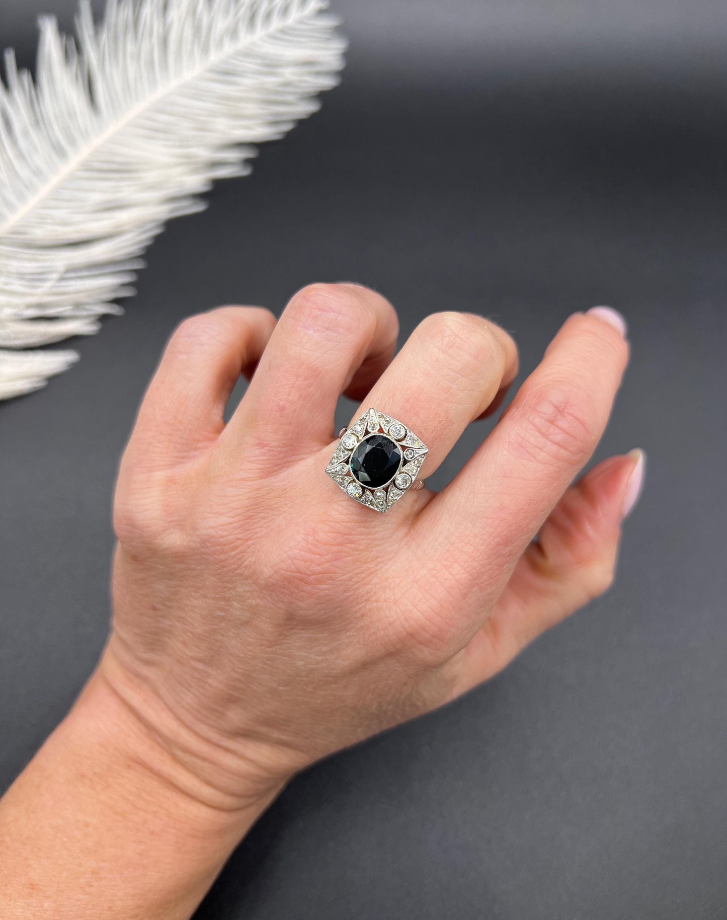 Antique Platinum, Edwardian Sapphire and Diamond Rectangular Shaped Cluster Ring