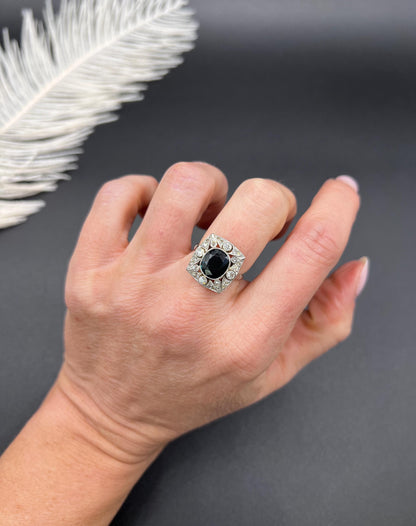 Antique Platinum, Edwardian Sapphire and Diamond Rectangular Shaped Cluster Ring