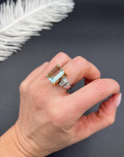 Vintage 18ct Two Colour Gold, Aquamarine & Diamond Cocktail Ring