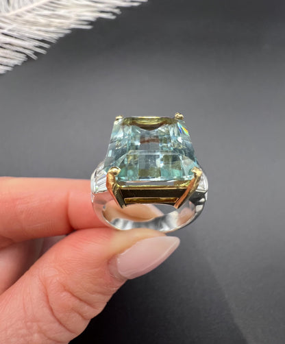 Vintage 18ct Two Colour Gold, Aquamarine & Diamond Cocktail Ring