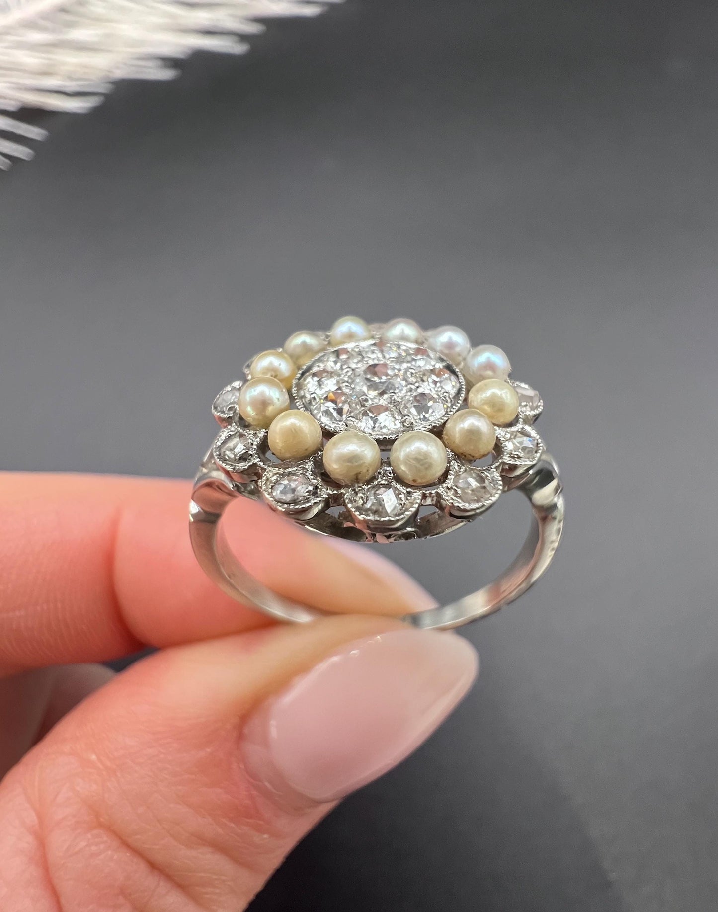 Antique 18ct White Gold & Platinum, Diamond and Pearl Cluster Ring