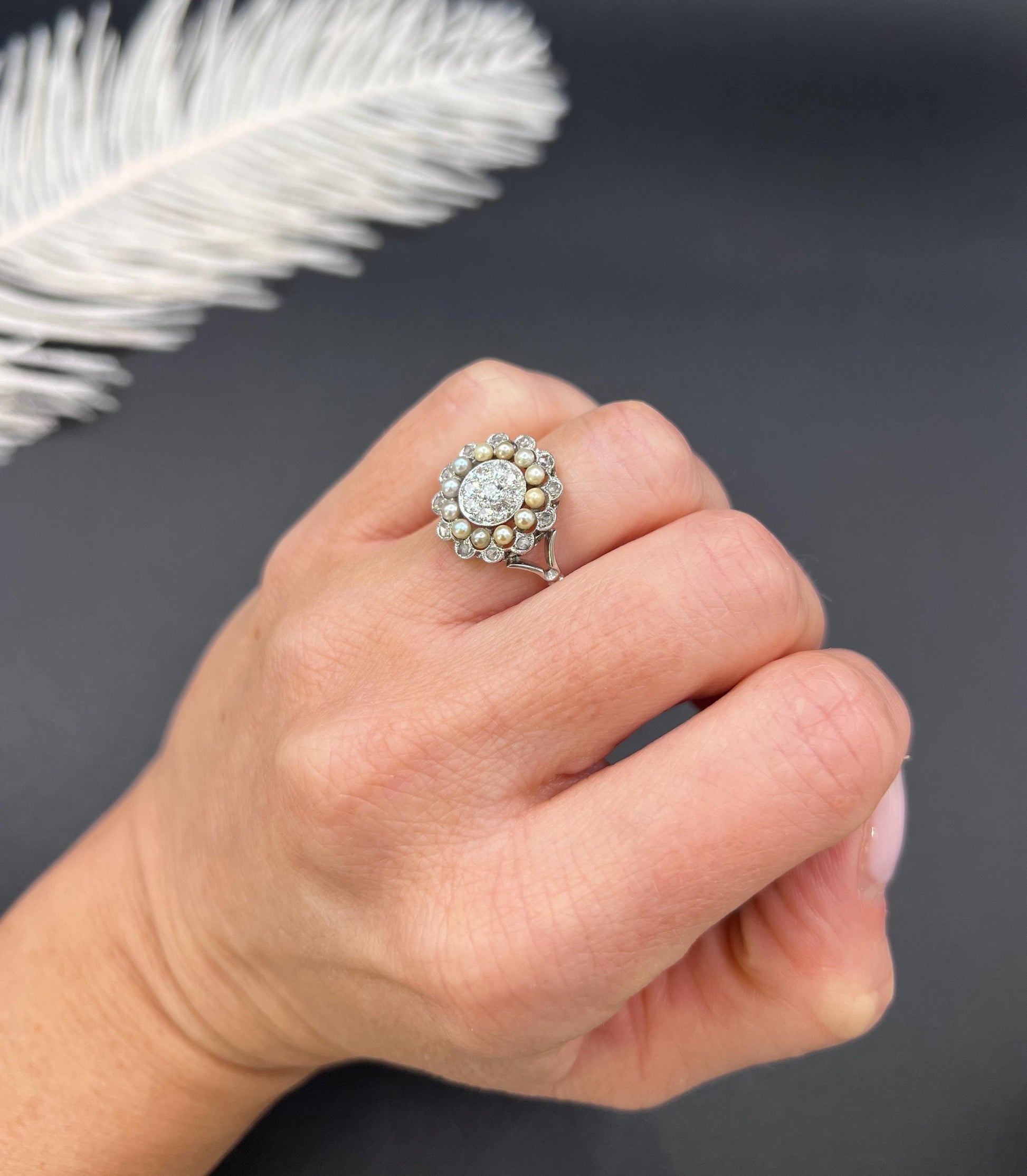 Antique 18ct White Gold & Platinum, Diamond and Pearl Cluster Ring