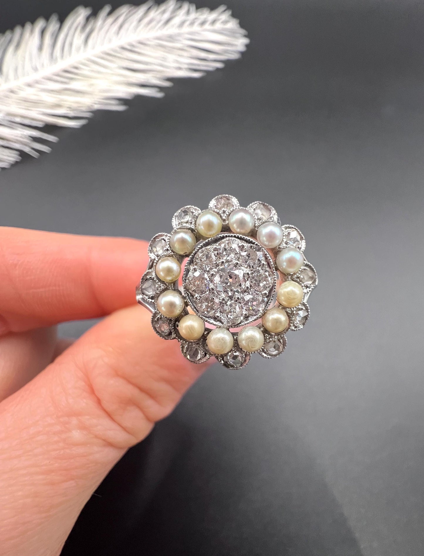 Antique 18ct White Gold & Platinum, Diamond and Pearl Cluster Ring