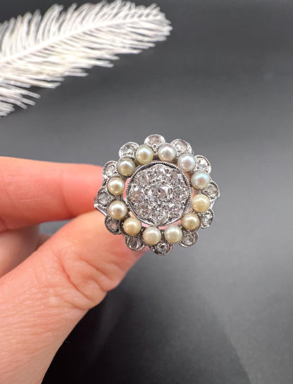 Antique 18ct White Gold & Platinum, Diamond and Pearl Cluster Ring