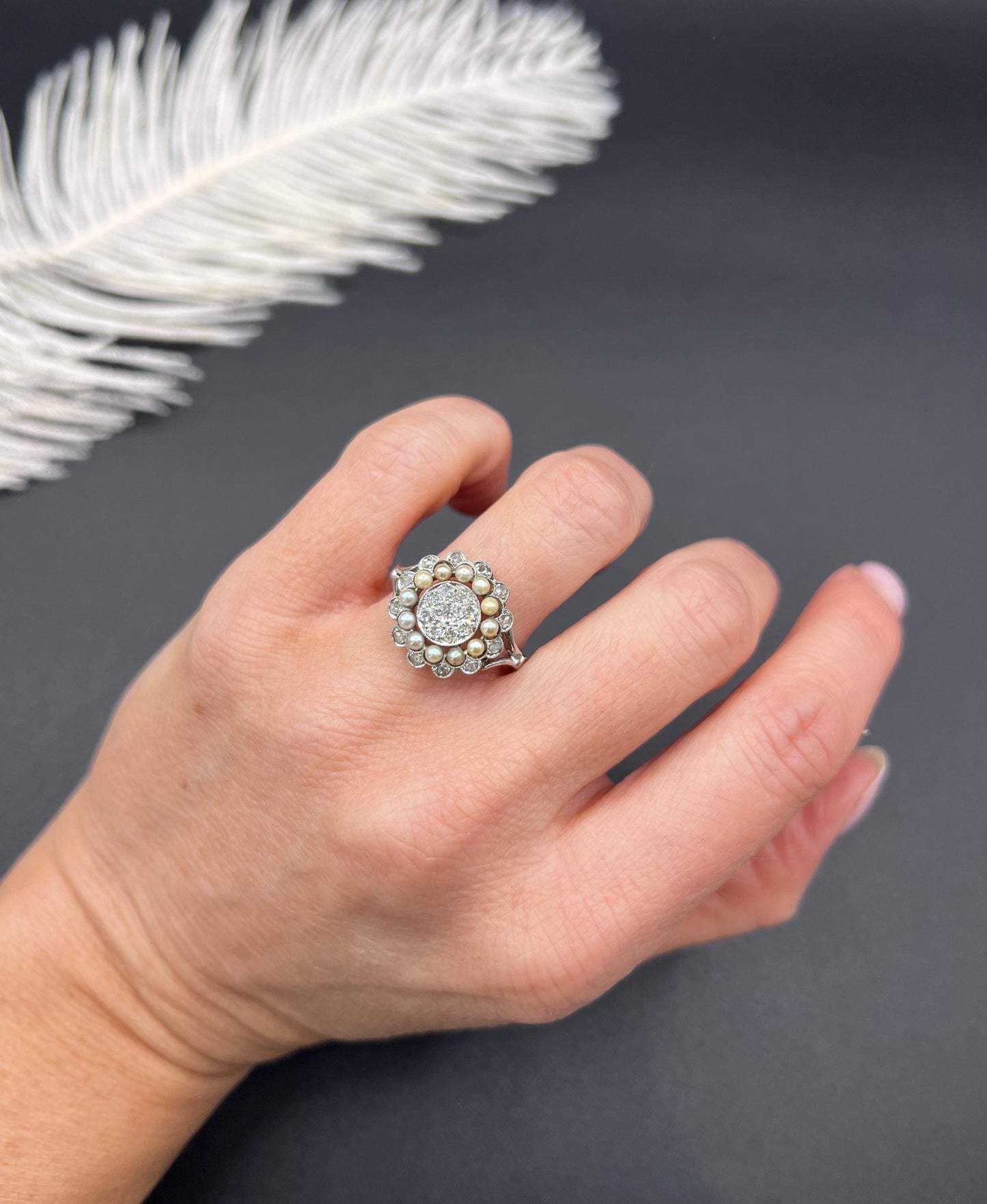 Antique 18ct White Gold & Platinum, Diamond and Pearl Cluster Ring