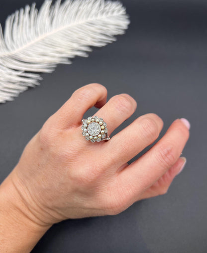 Antique 18ct White Gold & Platinum, Diamond and Pearl Cluster Ring