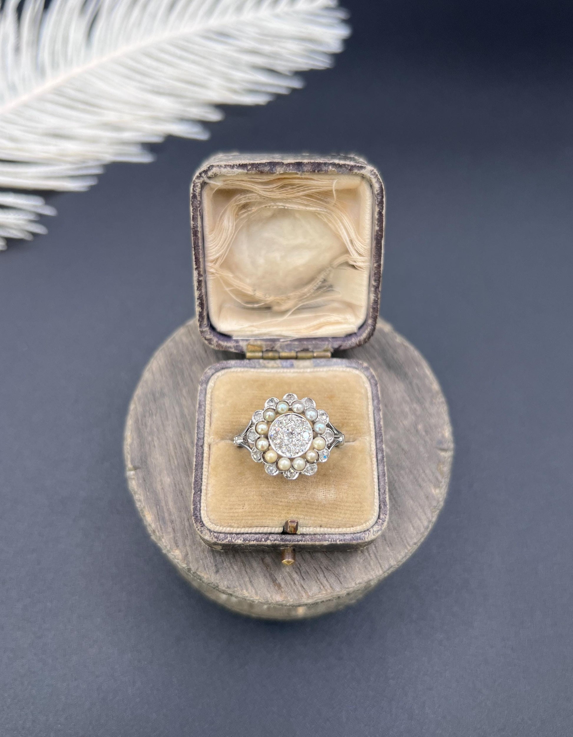 Antique 18ct White Gold & Platinum, Diamond and Pearl Cluster Ring