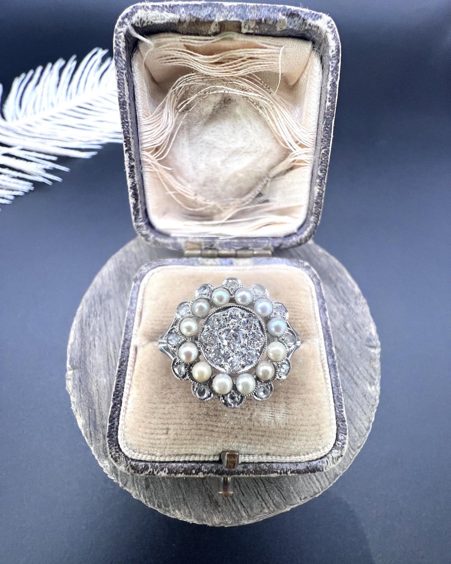 Antique 18ct White Gold & Platinum, Diamond and Pearl Cluster Ring