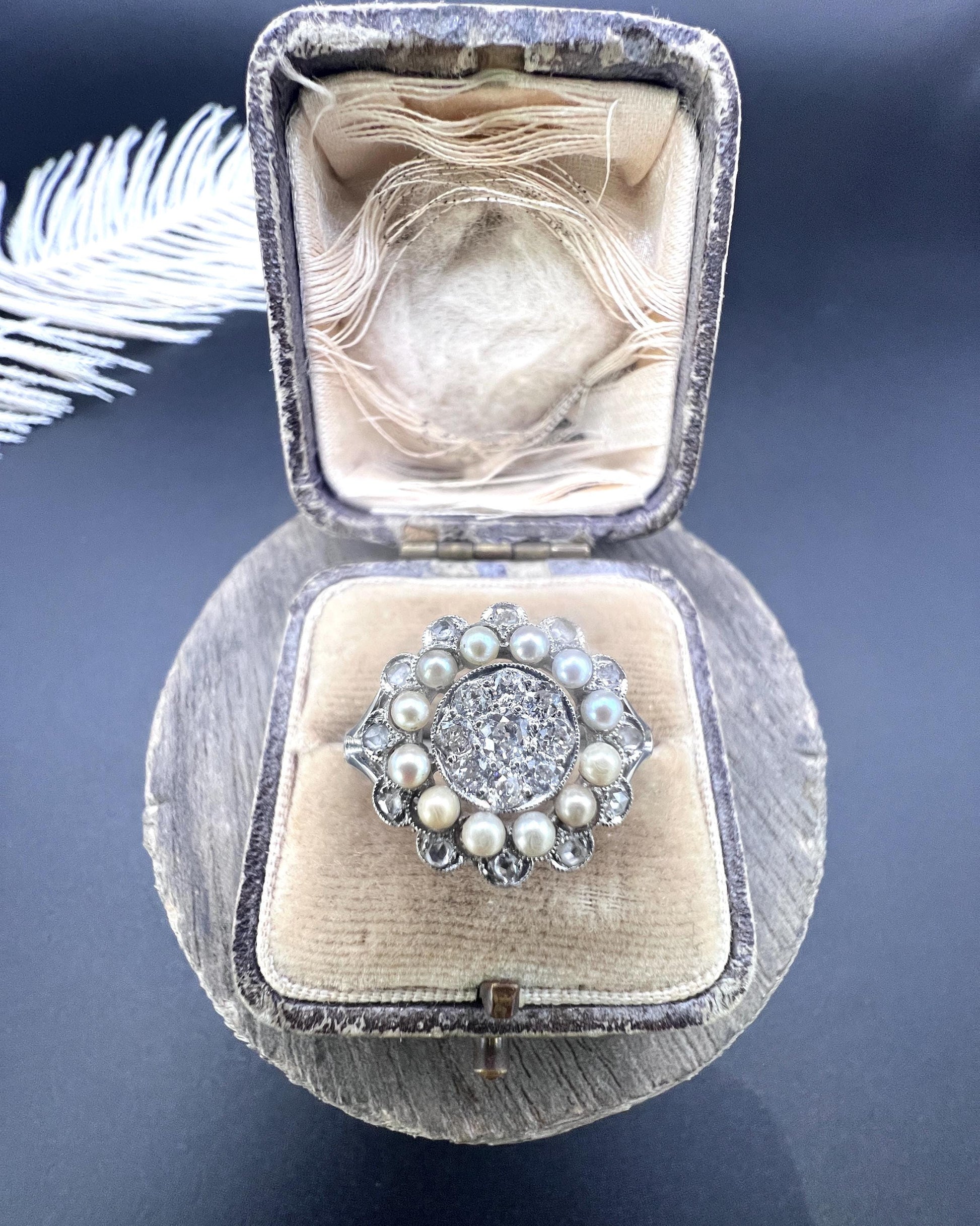 Antique 18ct White Gold & Platinum, Diamond and Pearl Cluster Ring