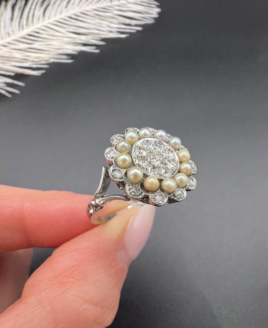 Antique 18ct White Gold & Platinum, Diamond and Pearl Cluster Ring