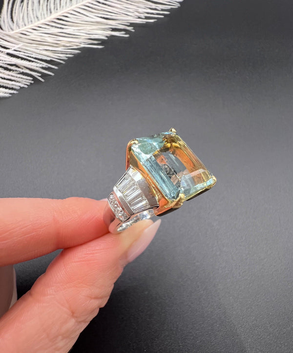 Vintage 18ct Two Colour Gold, Aquamarine & Diamond Cocktail Ring