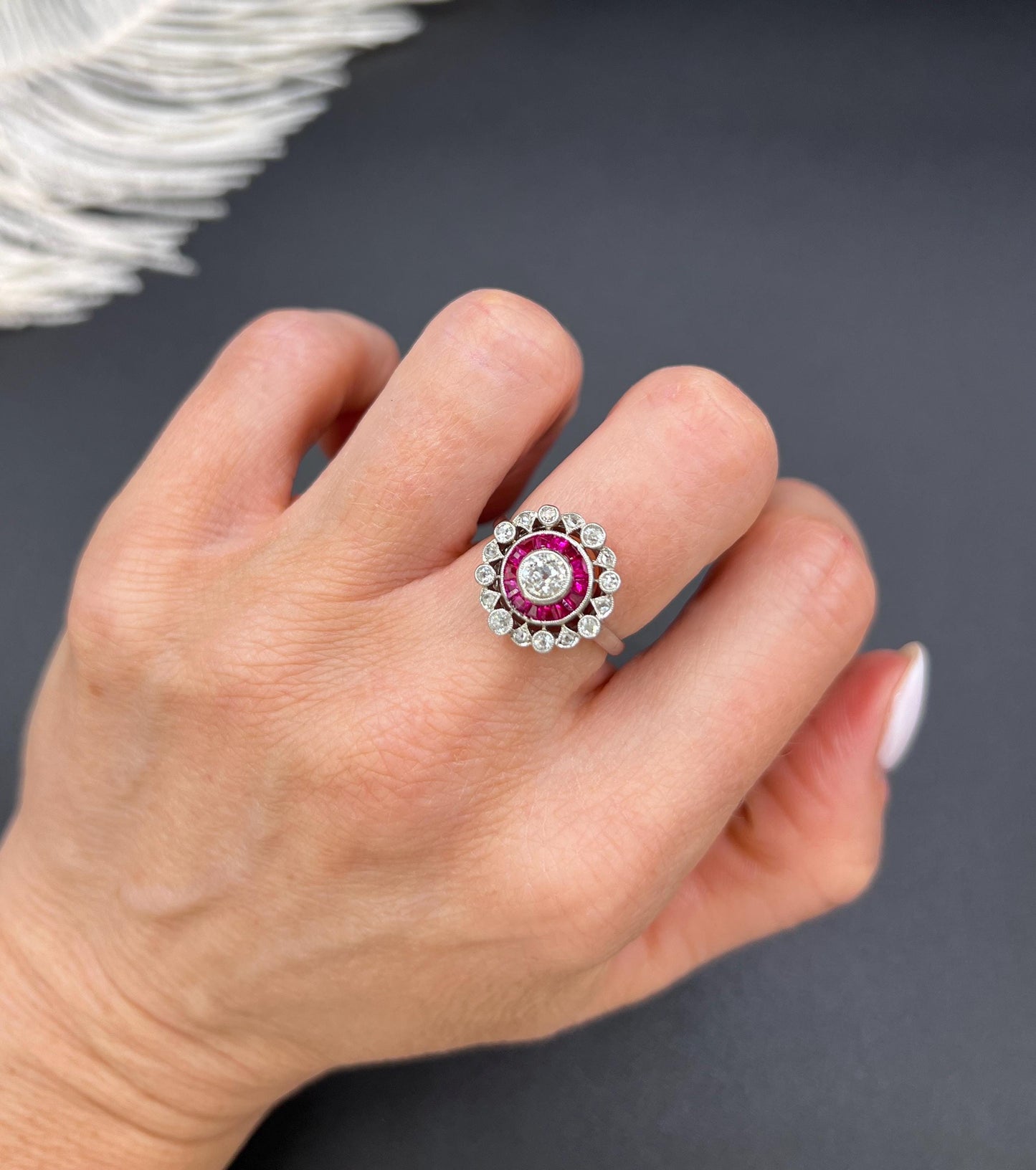 Antique 18ct Gold & Platinum, Art Deco Ruby and Diamond Fancy Target Ring