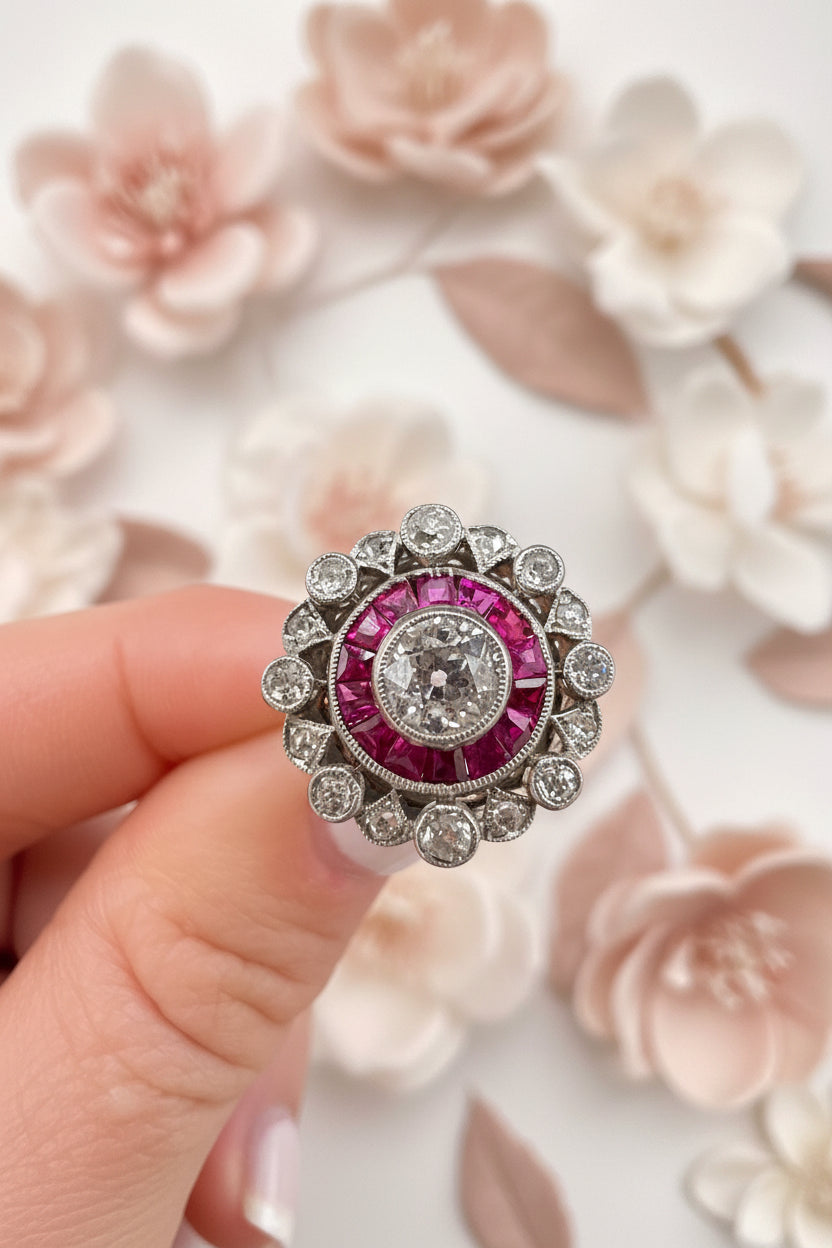 Art Deco 18 ct Gold And Platinum, Art Deco Ruby And Diamond Fancy Target Ring