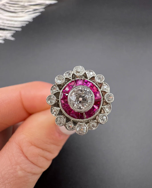 Antique 18ct Gold & Platinum, Art Deco Ruby and Diamond Fancy Target Ring