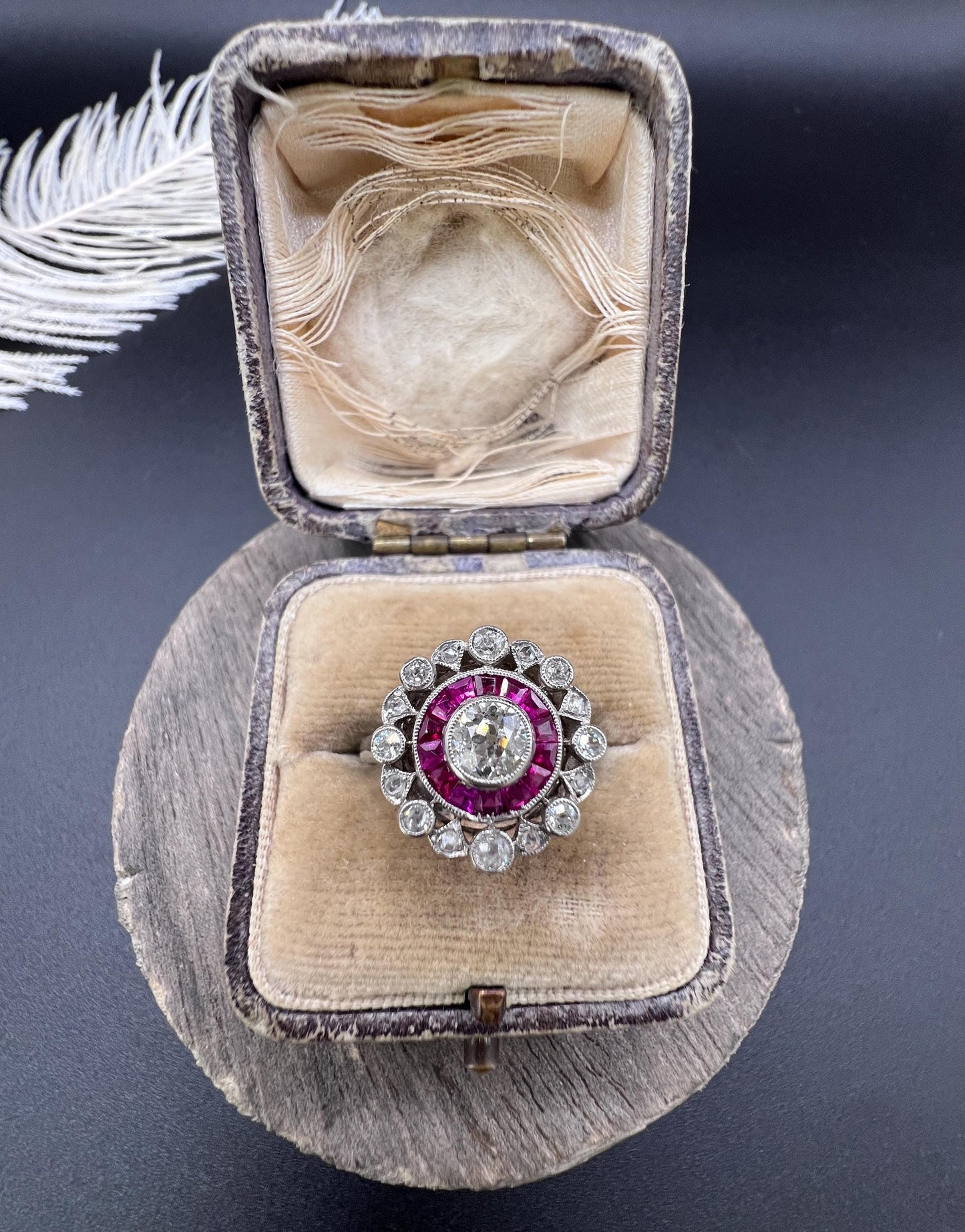 Antique 18ct Gold & Platinum, Art Deco Ruby and Diamond Fancy Target Ring