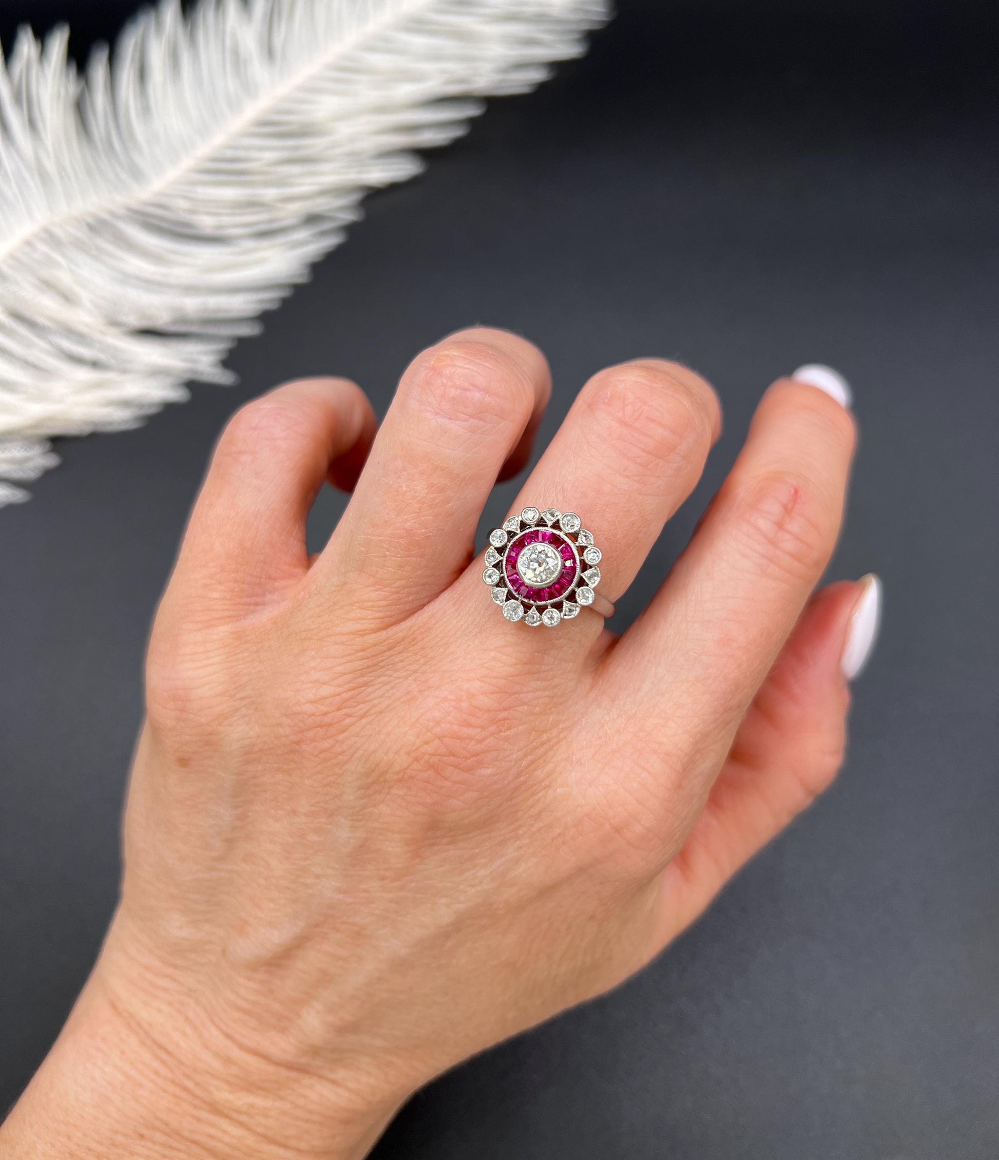 Antique 18ct Gold & Platinum, Art Deco Ruby and Diamond Fancy Target Ring