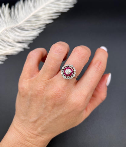 Antique 18ct Gold & Platinum, Art Deco Ruby and Diamond Fancy Target Ring