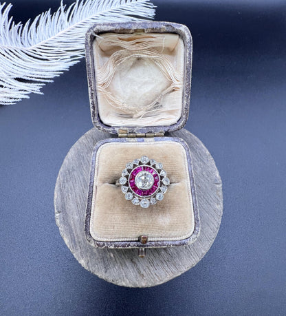 Antique 18ct Gold & Platinum, Art Deco Ruby and Diamond Fancy Target Ring