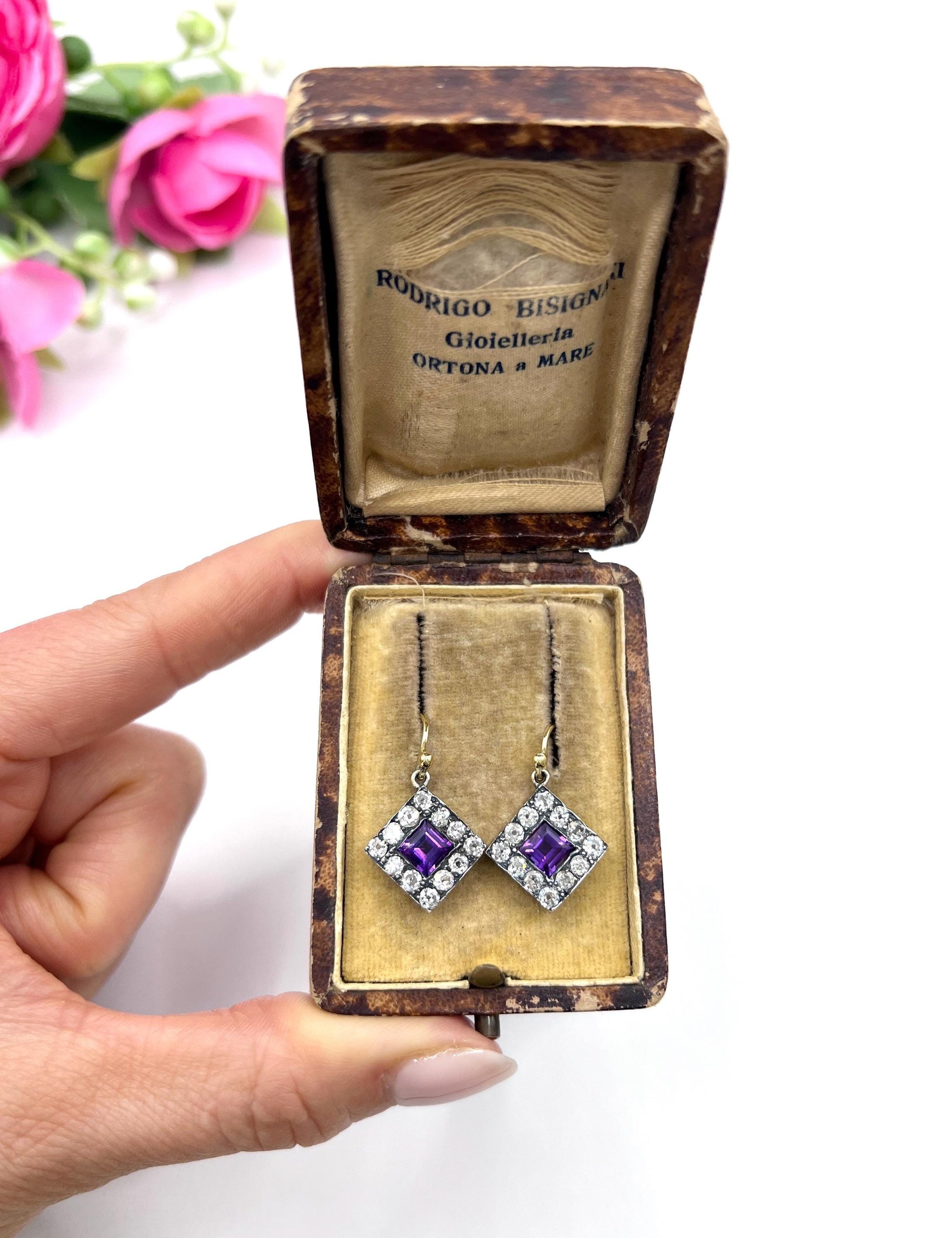 Antique 18ct Gold & Silver, Victorian Amethyst and Diamond Earrings