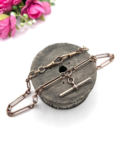 Antique 9ct Rose Gold, Trombone Link Albert Chain Necklace, Hallmarked Birmingham 1920