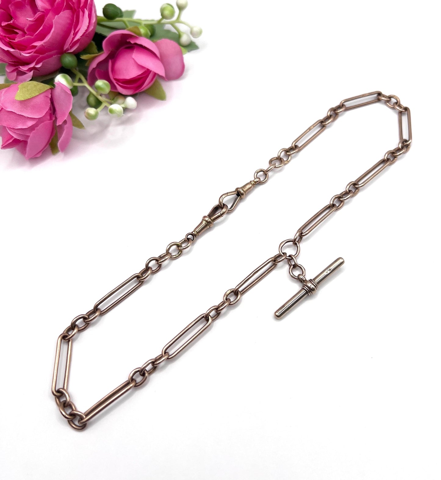 Antique 9ct Rose Gold, Trombone Link Albert Chain Necklace, Hallmarked Birmingham 1920