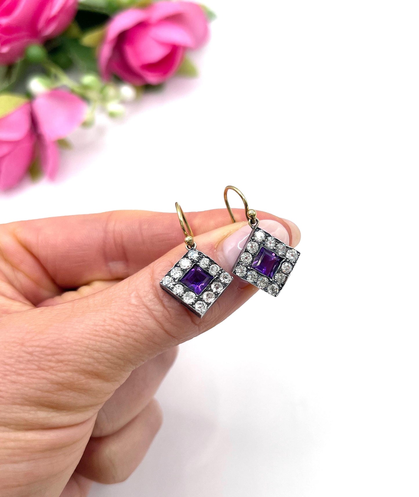 Antique 18ct Gold & Silver, Victorian Amethyst and Diamond Earrings