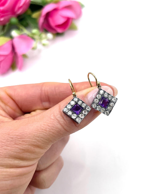 Antique 18ct Gold & Silver, Victorian Amethyst and Diamond Earrings