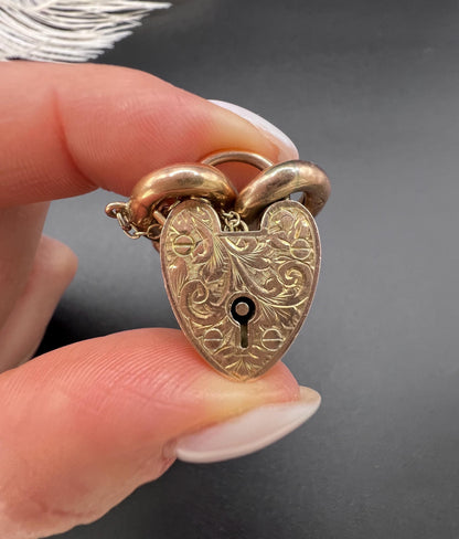 Antique 9ct Rose Gold Curb Bracelet: Victorian Night & Day Heart Padlock