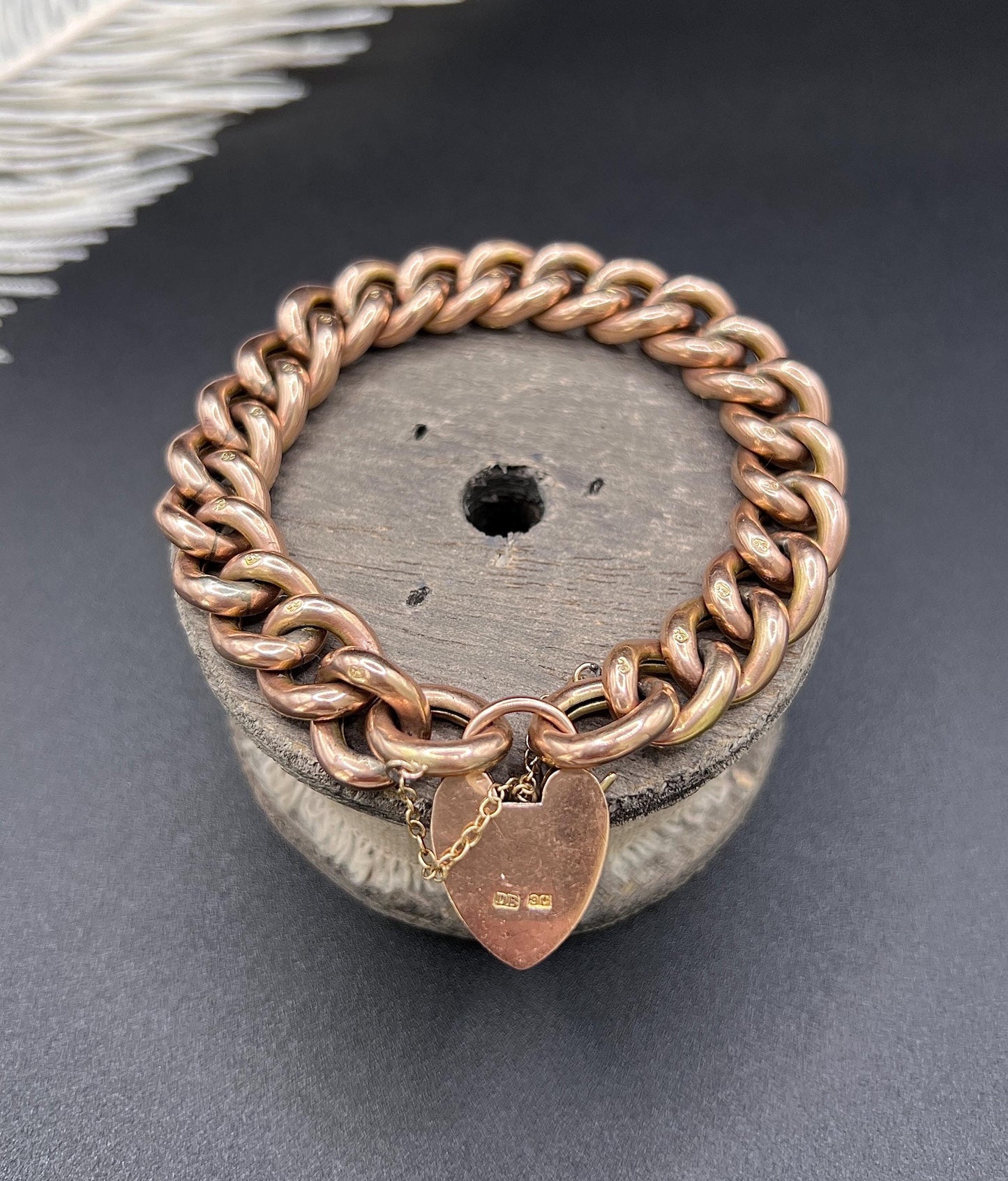 Antique 9ct Rose Gold Curb Bracelet: Victorian Night & Day Heart Padlock