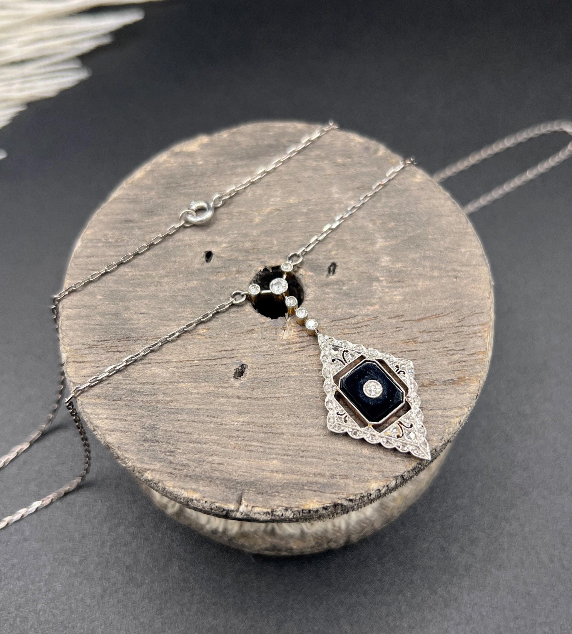 Antique 18ct Gold & Platinum, Edwardian Onyx and Diamond Pendant Necklace