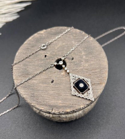 Antique 18ct Gold & Platinum, Edwardian Onyx and Diamond Pendant Necklace