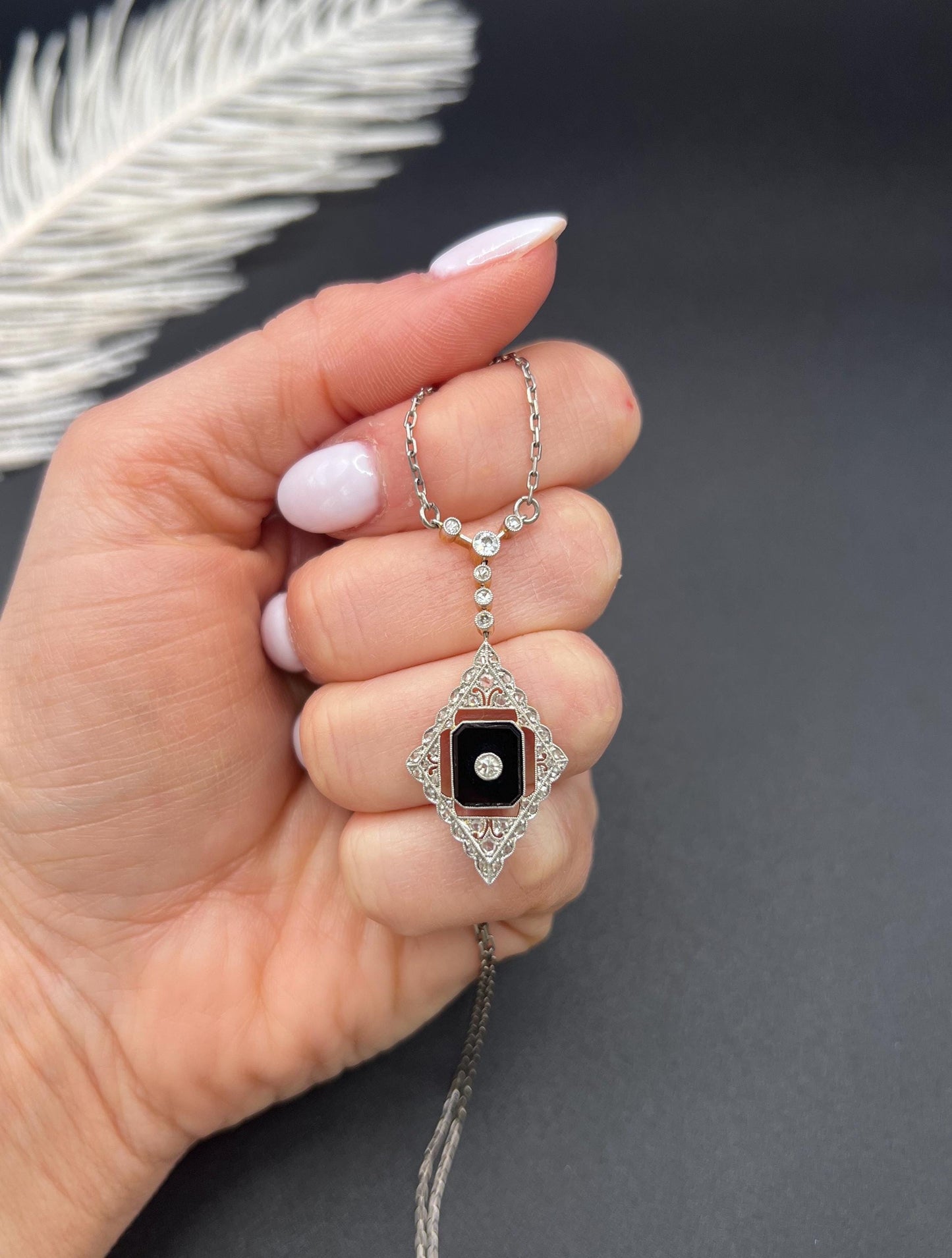 Antique 18ct Gold & Platinum, Edwardian Onyx and Diamond Pendant Necklace