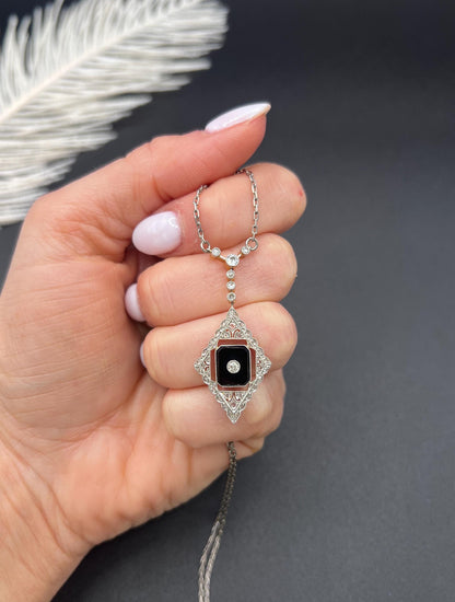 Antique 18ct Gold & Platinum, Edwardian Onyx and Diamond Pendant Necklace