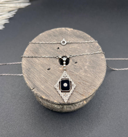 Antique 18ct Gold & Platinum, Edwardian Onyx and Diamond Pendant Necklace