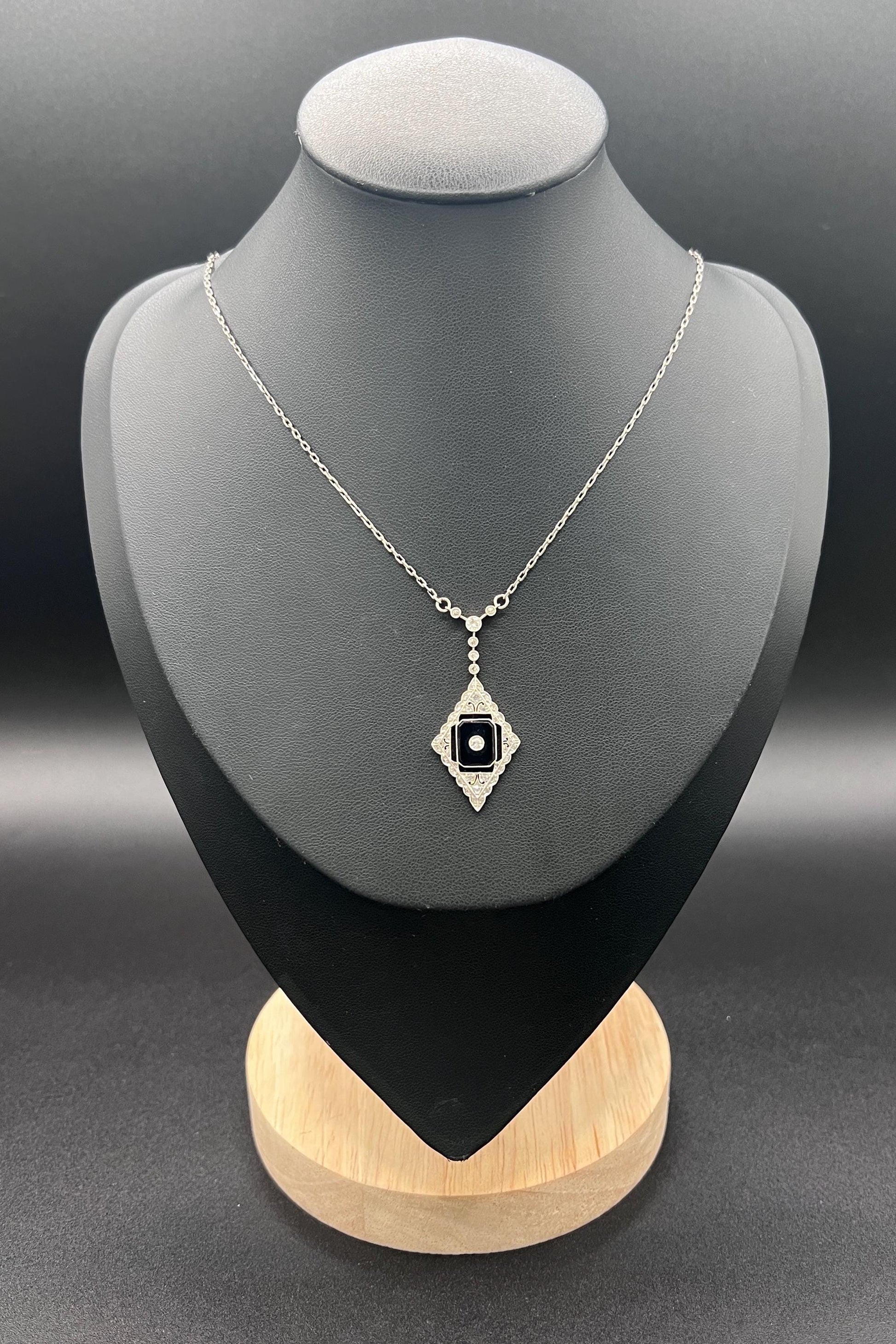 Antique 18ct Gold & Platinum, Edwardian Onyx and Diamond Pendant Necklace
