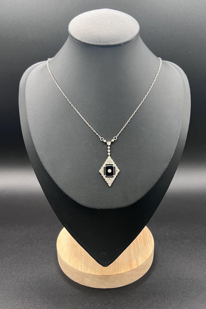 Antique 18ct Gold & Platinum, Edwardian Onyx and Diamond Pendant Necklace