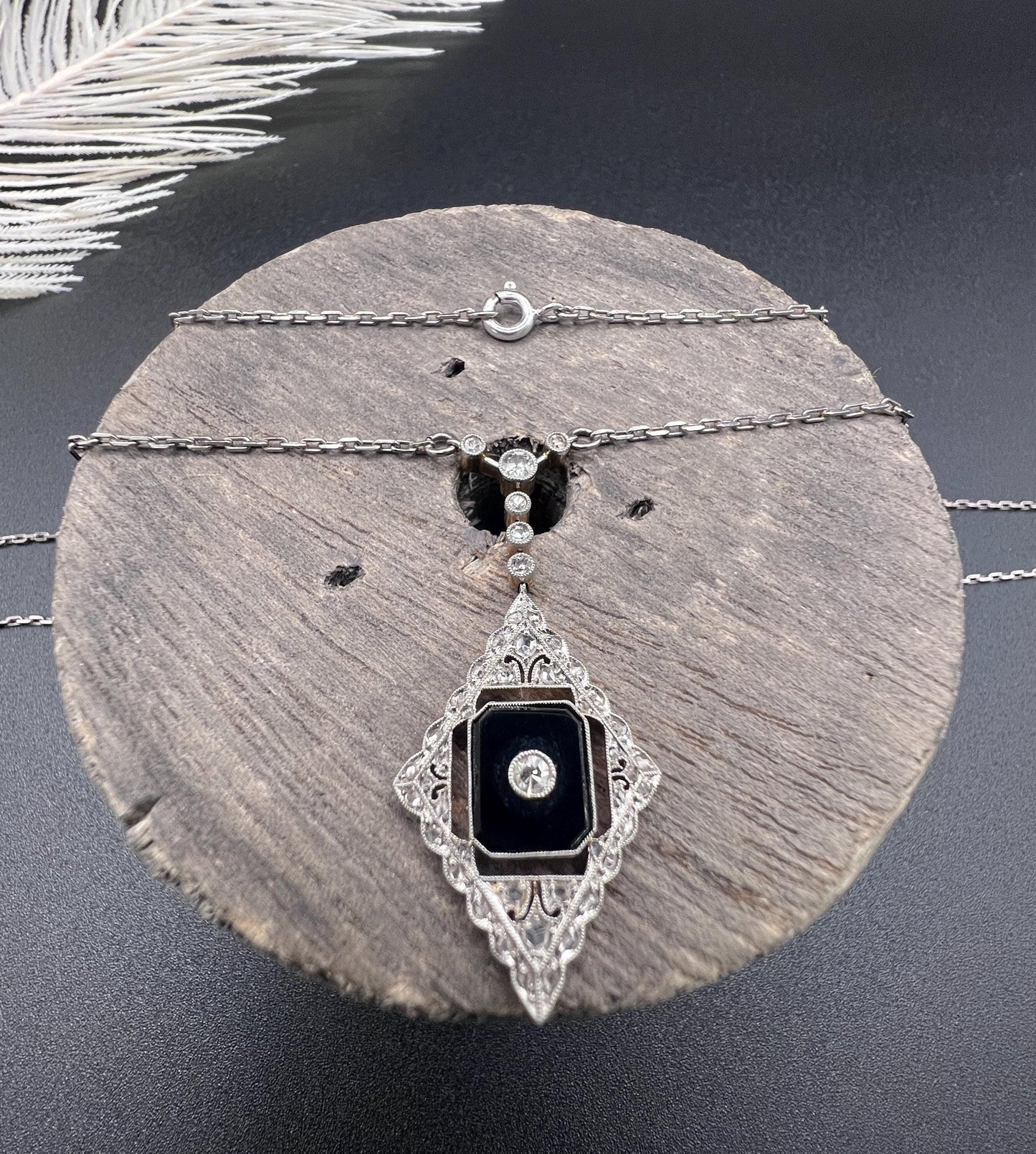 Antique 18ct Gold & Platinum, Edwardian Onyx and Diamond Pendant Necklace