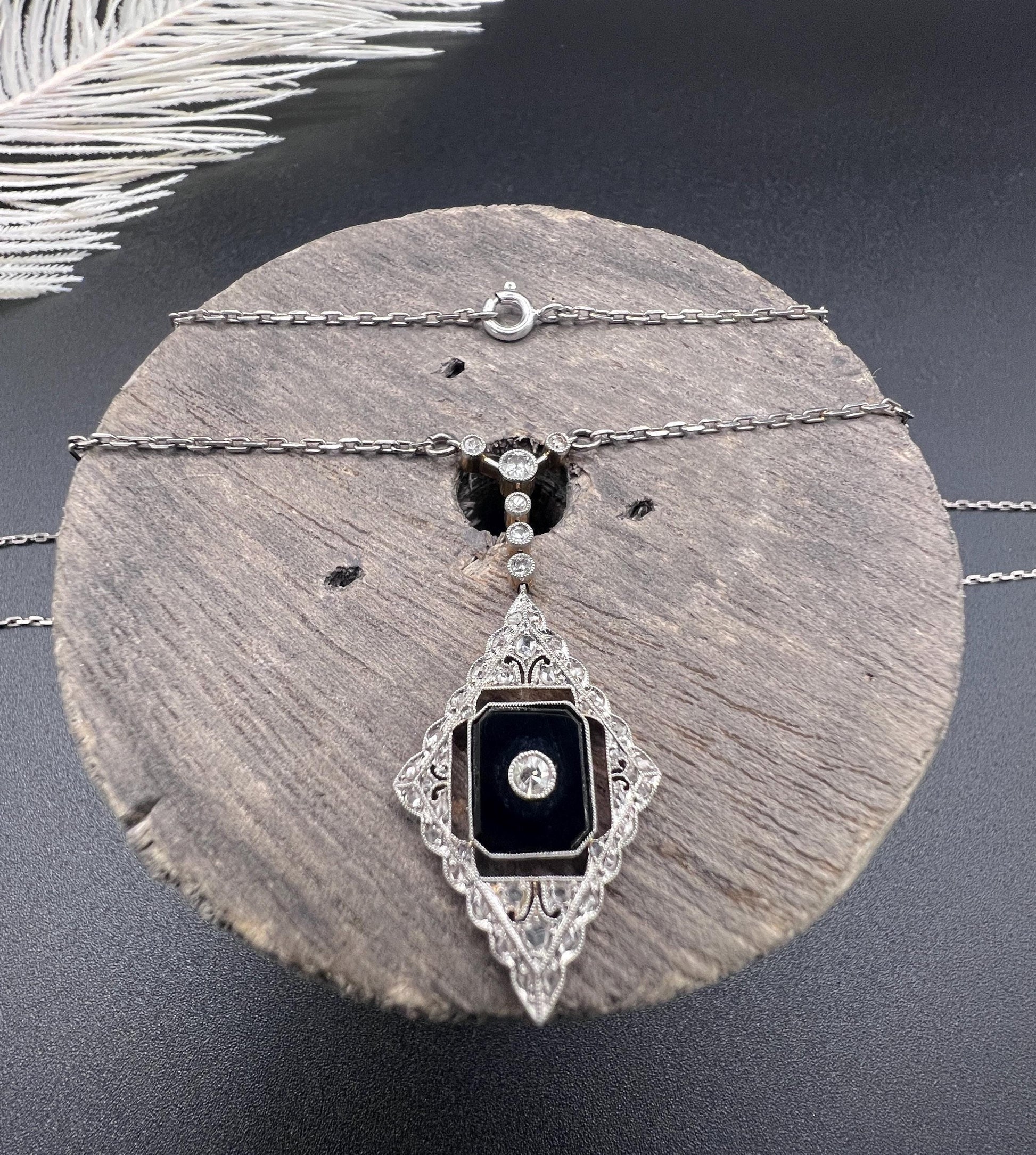 Antique 18ct Gold & Platinum, Edwardian Onyx and Diamond Pendant Necklace