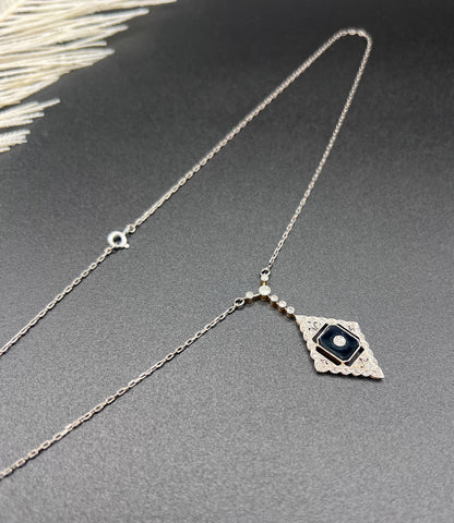 Antique 18ct Gold & Platinum, Edwardian Onyx and Diamond Pendant Necklace
