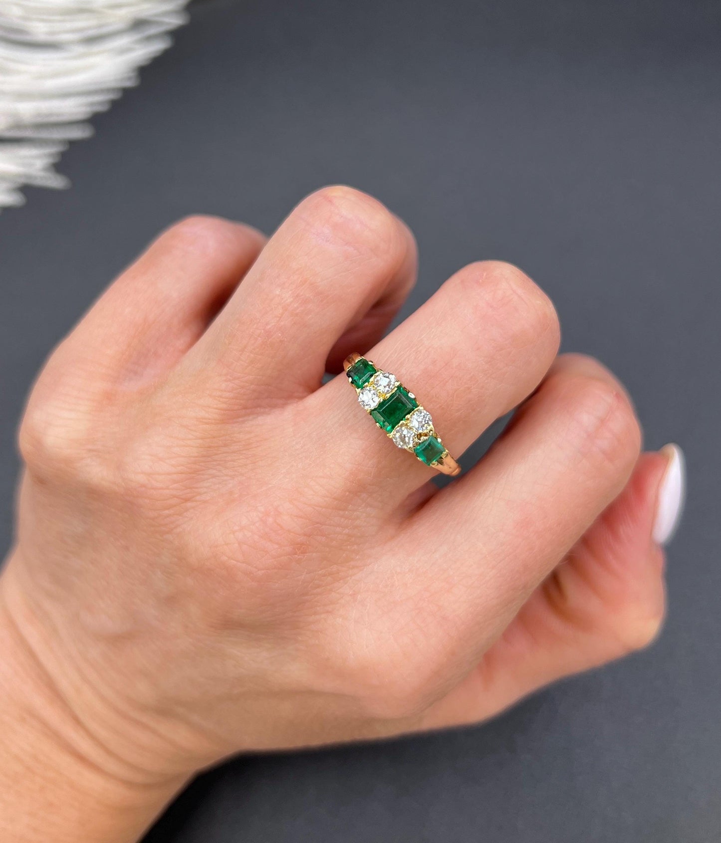 Antique 18ct Yellow Gold, Victorian Emerald and Diamond Carved Ring