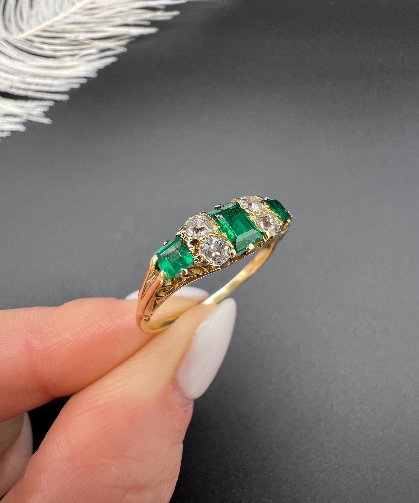 Antique 18ct Yellow Gold, Victorian Emerald and Diamond Carved Ring