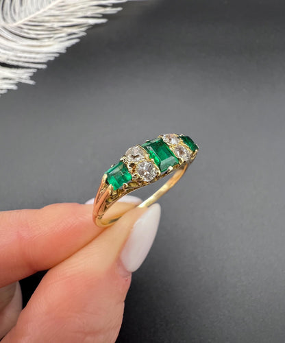 Antique 18ct Yellow Gold, Victorian Emerald and Diamond Carved Ring
