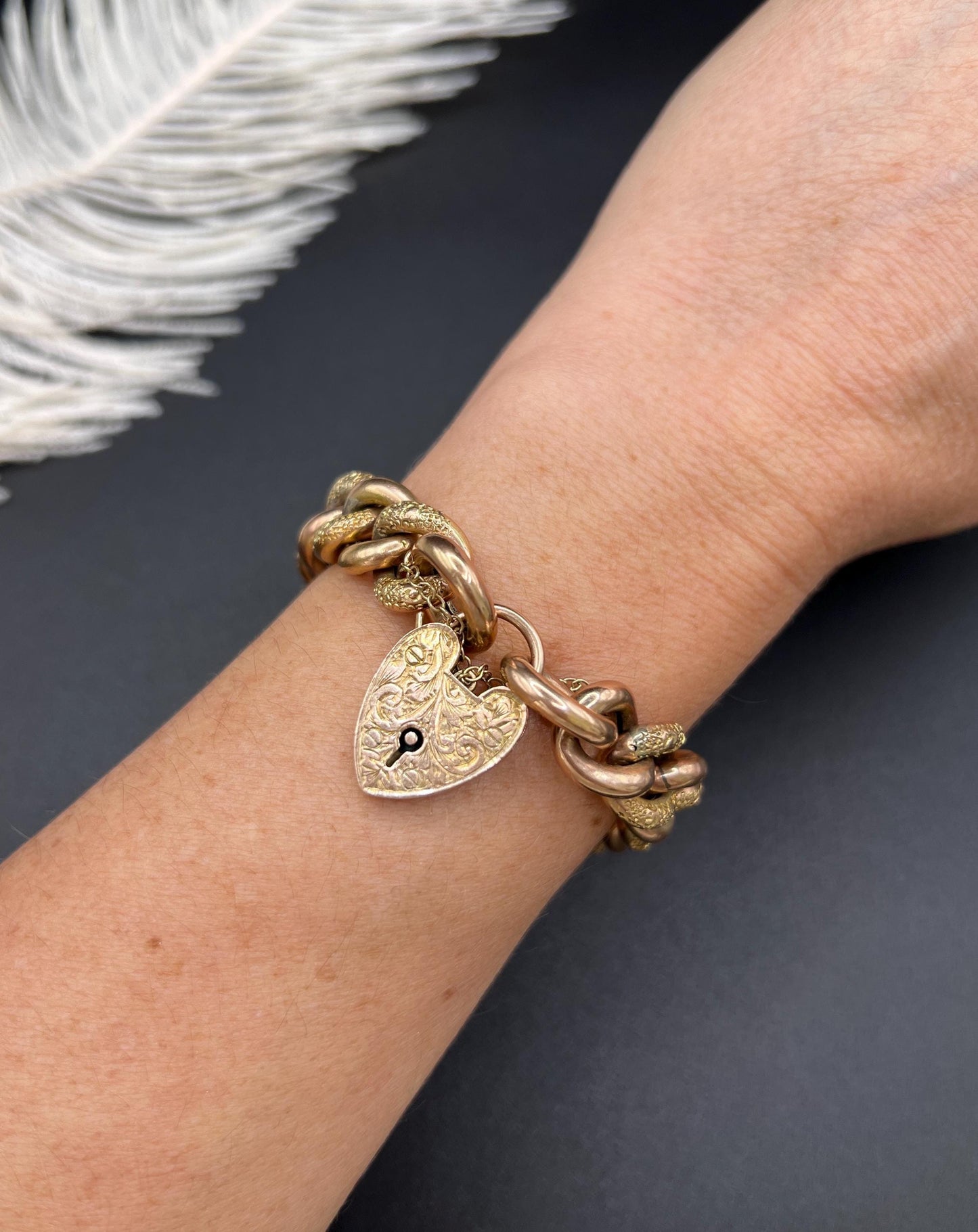 Antique 9ct Rose Gold Curb Bracelet: Victorian Night & Day Heart Padlock