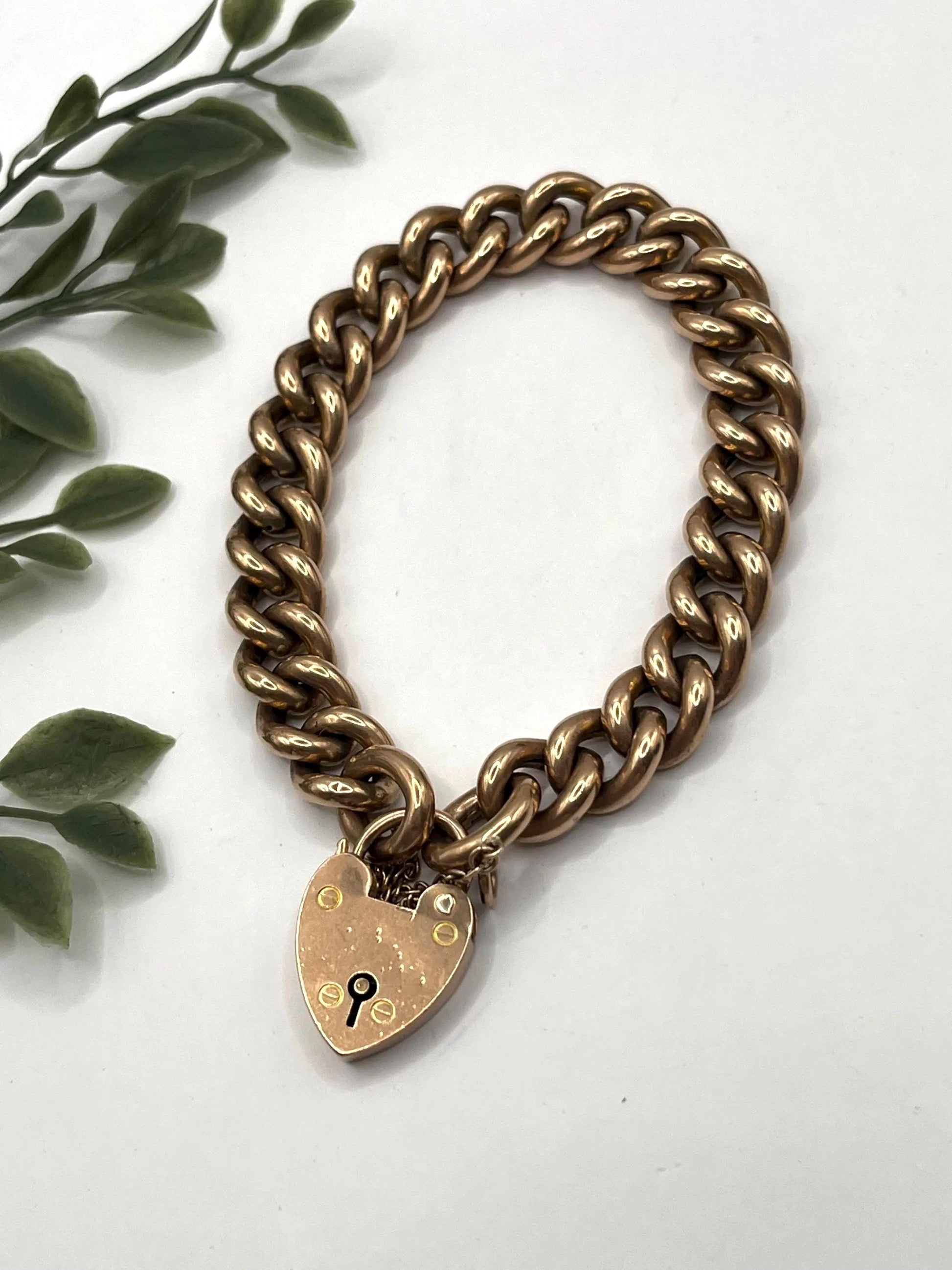 Antique 9ct Rose Gold Curb Bracelet: Edwardian Heart Padlock